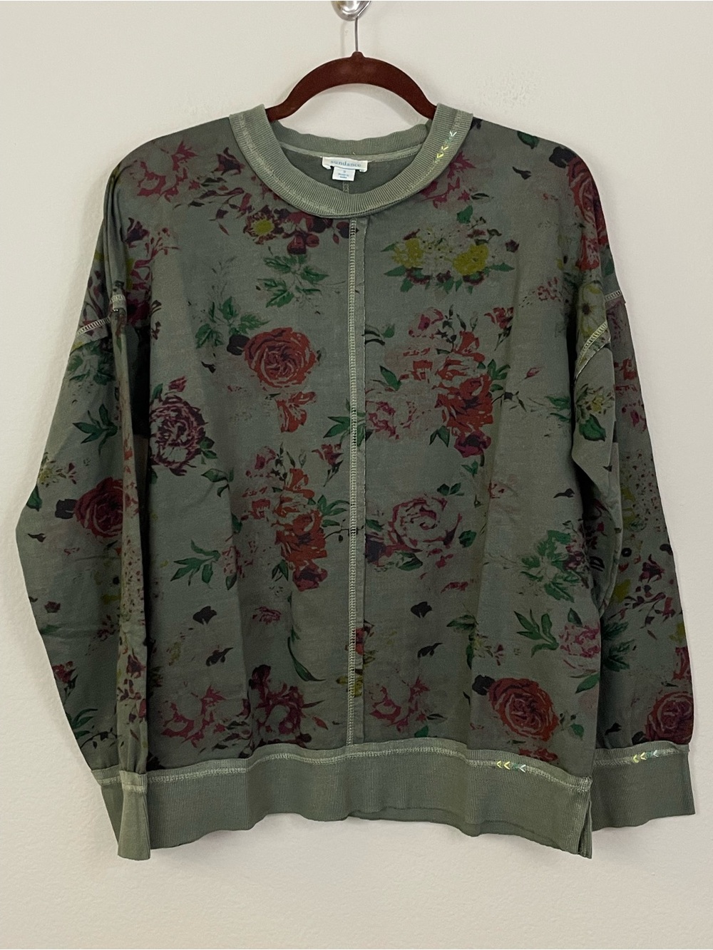Sundance Olive Green Floral Crewneck Pullover Sweatshirt Size Small